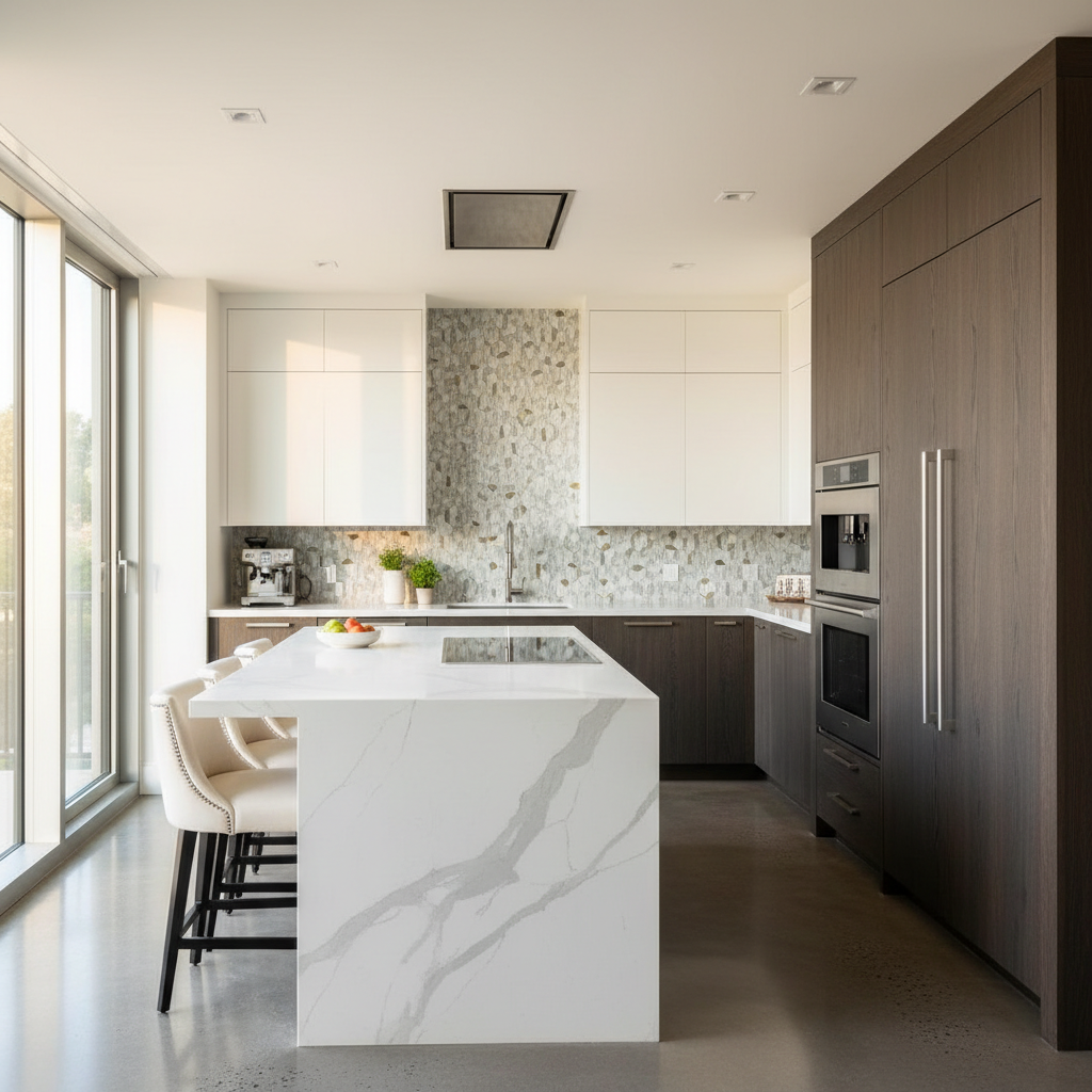 Upscale kitchen with integrated refrigerator and wall oven