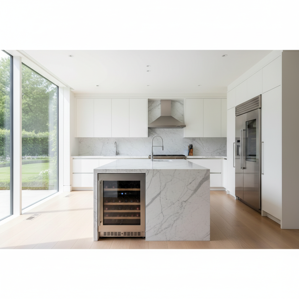 Luxury modern kitchen with built-in refrigerator and premium appliances