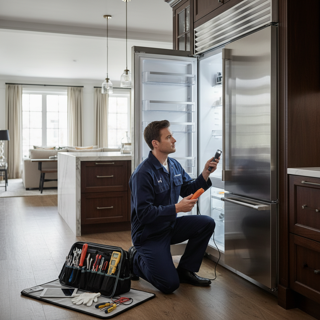 Professional appliance repair technician inspecting a built-in refrigerator